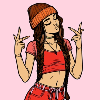 realistic teenage girl with braids and a beanie and crop top doing 🫶🏼