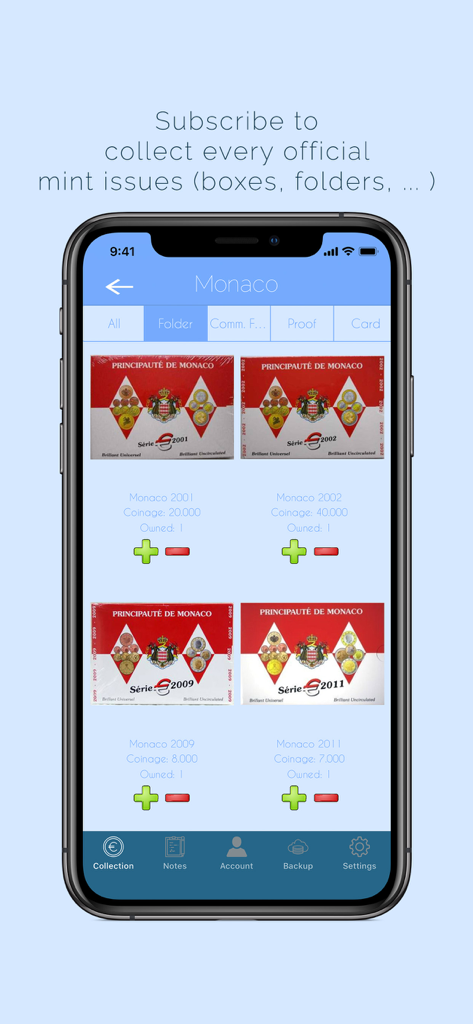 Euro Coins Album - Euro Coins Album app screen showing Monaco official mint issues and mintage data.