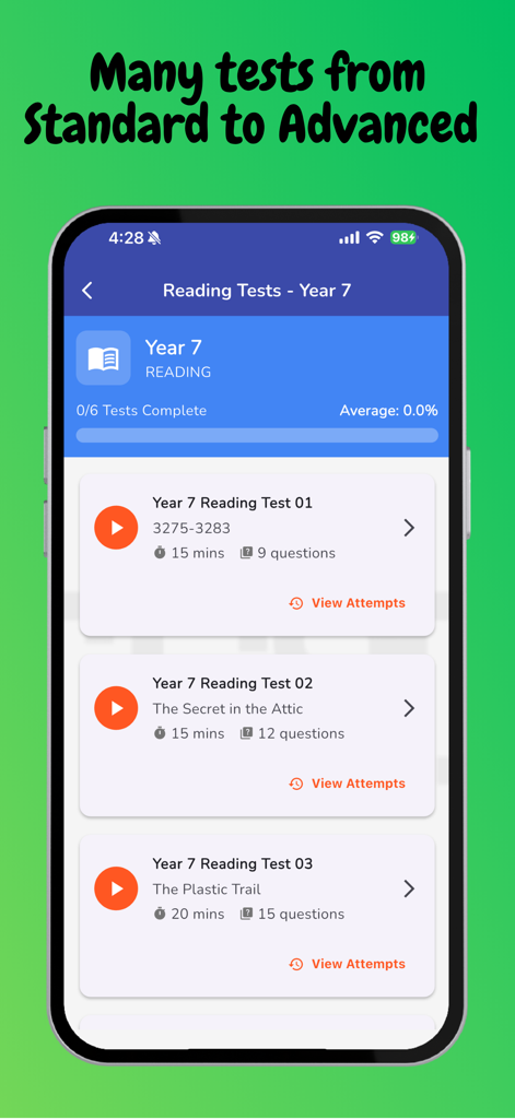 NAPLAN 7 Online Test - Mobile app interface showing a list of Year 7 NAPLAN reading practice tests with durations and question counts