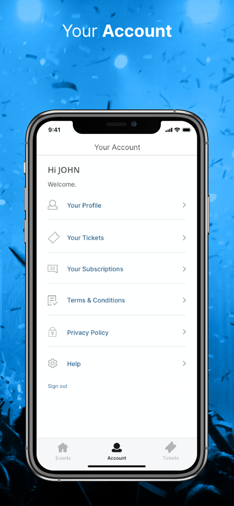 Ticketek NZ app user account interface showing options for profile, tickets, and subscriptions