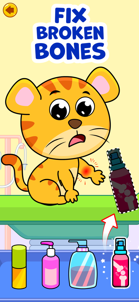 Doctor Games for Kids: Dentist - Una pantalla de juego para niños pequeños que muestra un gato de dibujos animados que necesita tratamiento para un hueso roto