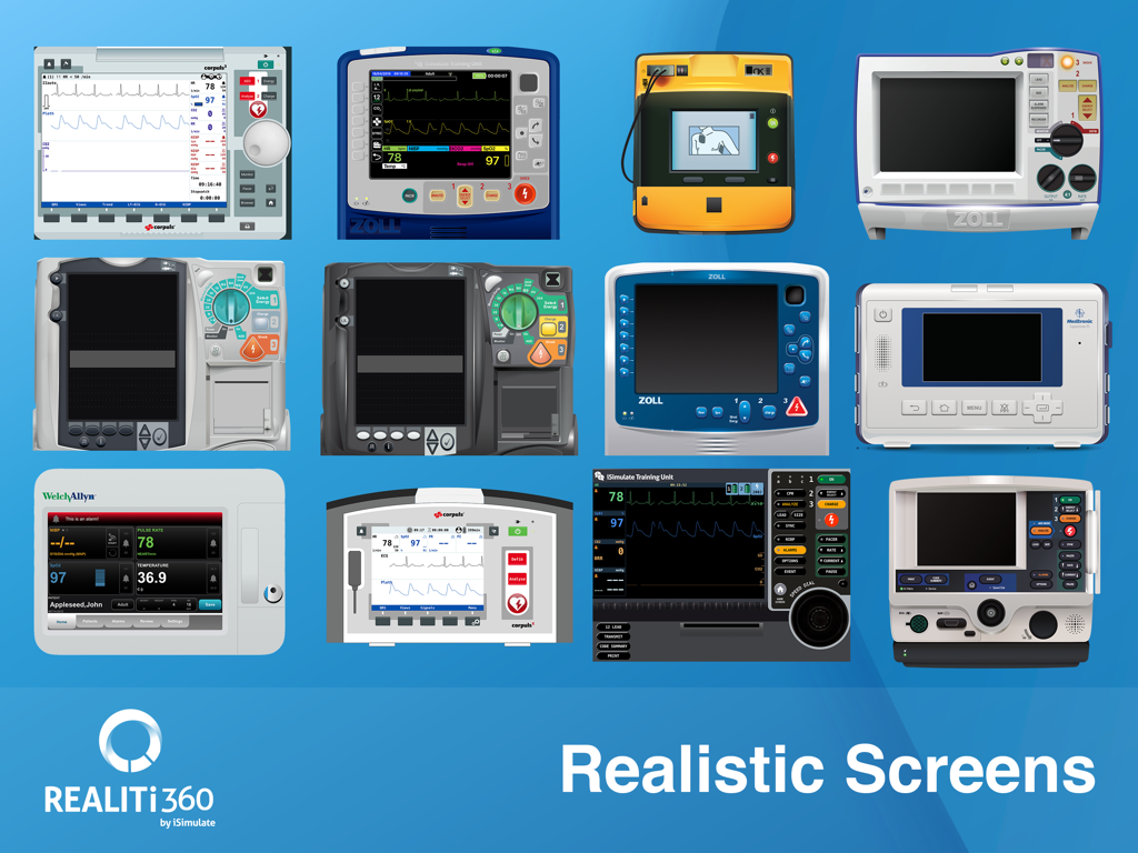 Grid of realistic simulated medical monitors and defibrillators within the REALITi 360 app.