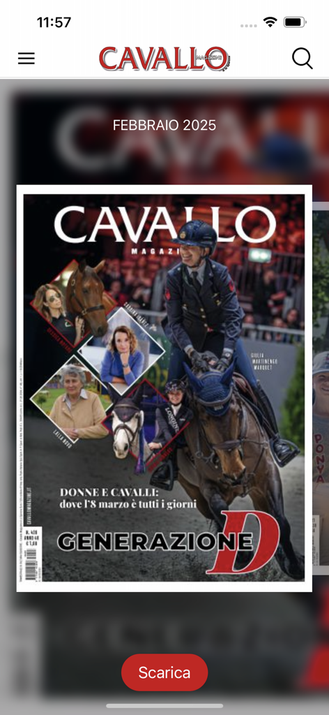 Cavallo Magazine - Screenshot of the Cavallo Magazine mobile app showing the February 2025 digital issue cover featuring equestrian riders