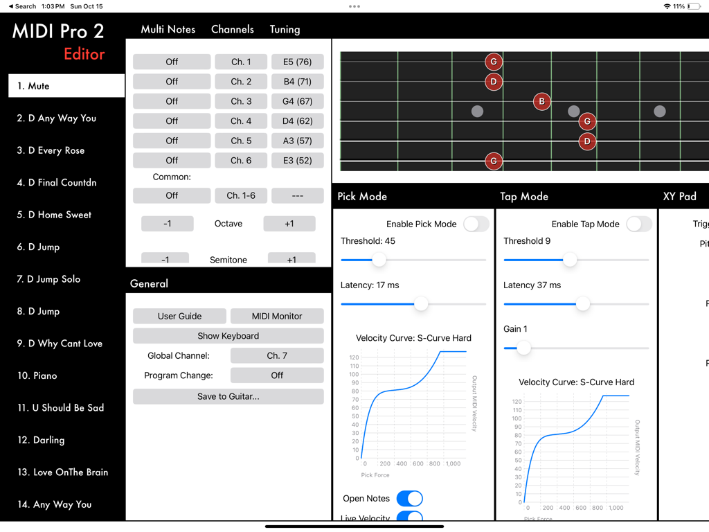 MIDI Pro Editor - MIDI Pro Editor dashboard with fretboard visualization and control settings