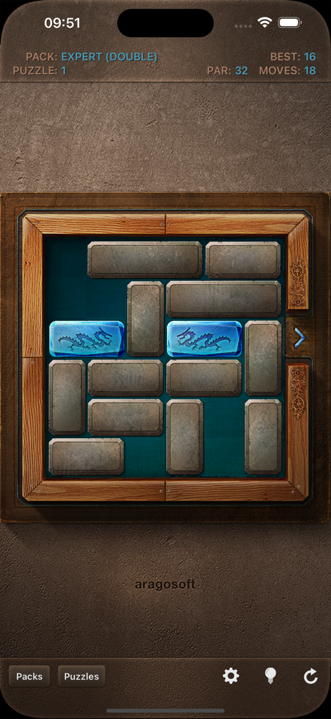 Blue Block Premium - Expert level double blue block sliding puzzle on a stone grid with wooden frame