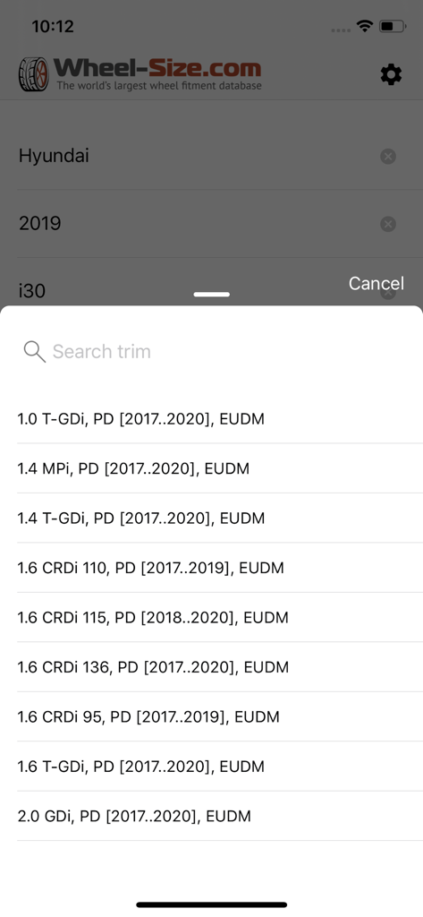Search trim screen in the Wheel Size app for a 2019 Hyundai i30