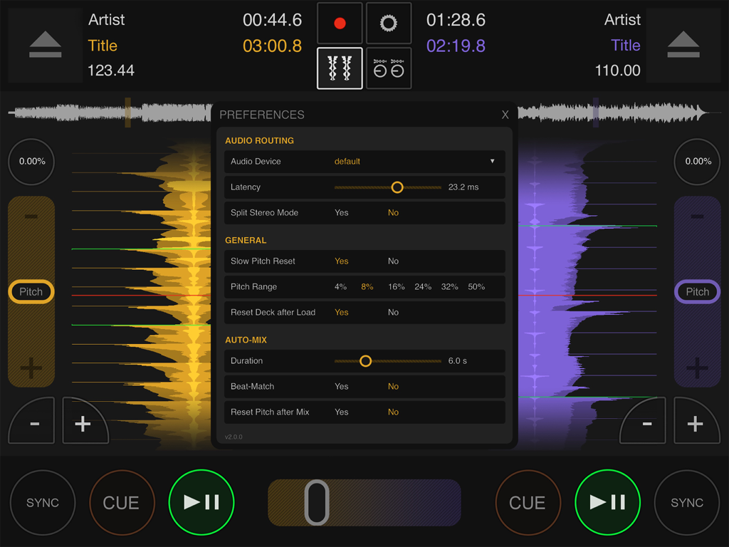 Preferences menu overlay in the DJ DEX mixing app showing audio routing and auto-mix settings