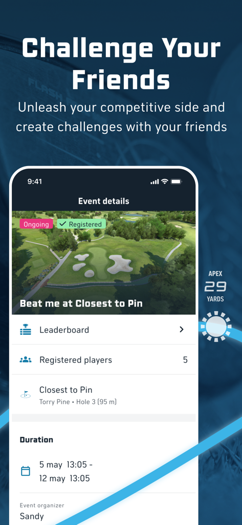 Toptracer Range - Schermata dell'app Toptracer Range che mostra i dettagli dell'evento per una sfida di golf Closest to Pin con gli amici