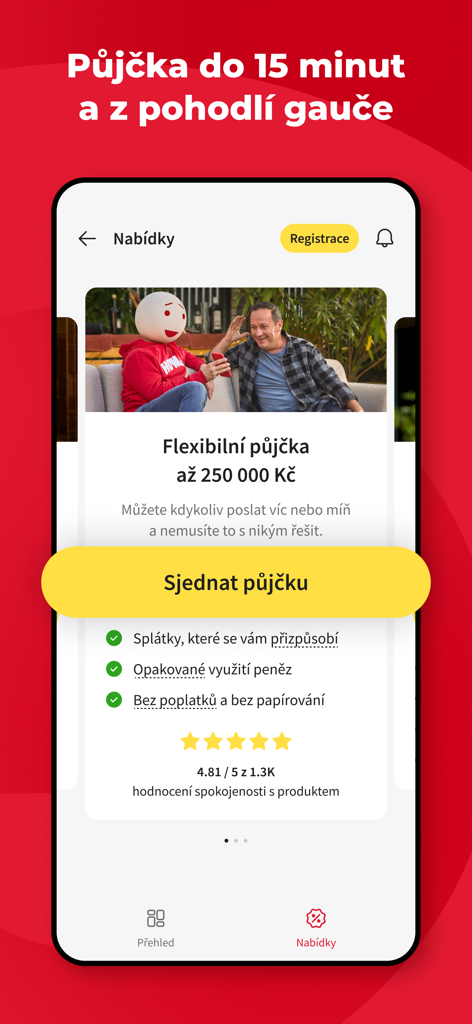 Home Credit CZ mobile app screen showing a flexible loan offer of up to 250000 CZK with a yellow button to arrange the loan