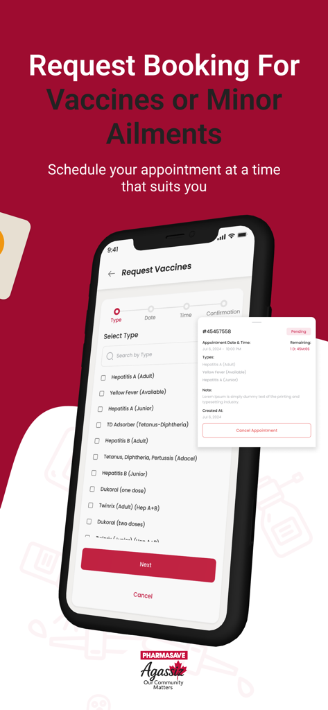 Pharmasave Agassiz - Pharmasave Agassiz app vaccine booking and appointment scheduling screen
