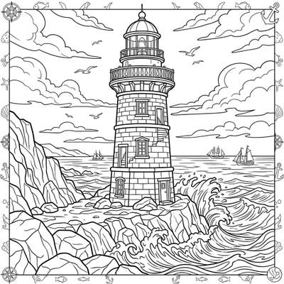 Embark on a captivating coloring journey with this detailed lighthouse scene. Featuring a majestic beacon on a rocky coast, surrounded by crashing waves and distant sailing ships, it's perfect for sea-loving artists.