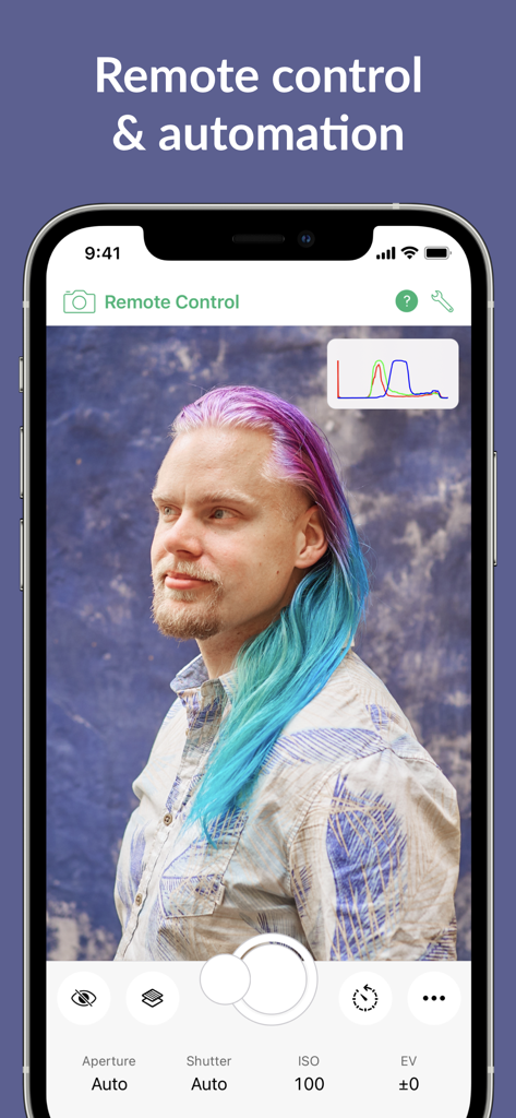 Cascable Studio: Tether & More - iPhone interface of Cascable Studio app showing remote camera control for a portrait photo shoot with exposure settings