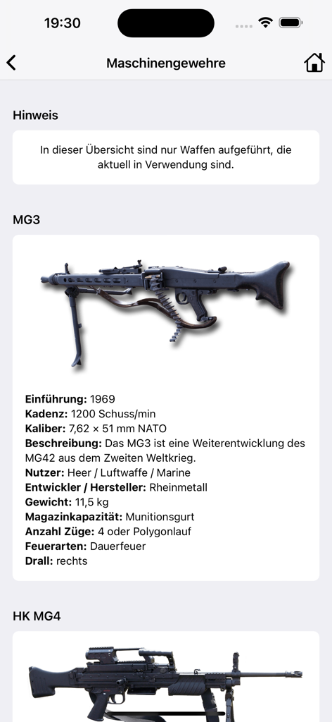 BLexi – Bundeswehr-Lexikon - Technical specifications for the MG3 machine gun in the BLexi app
