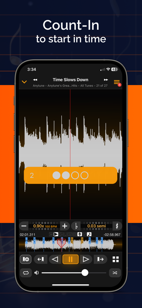 Anytune Pro: Music Trainer  - Anytune Pro music trainer interface showing the count in feature for precise practice starts