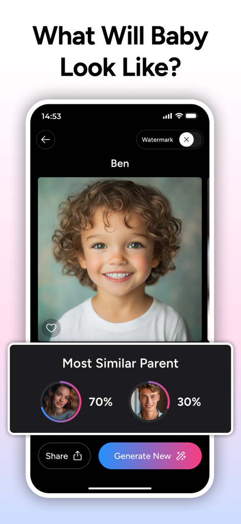 Prédiction du Générateur de Bébé IA montrant une photo d'enfant et les pourcentages de similarité avec les parents