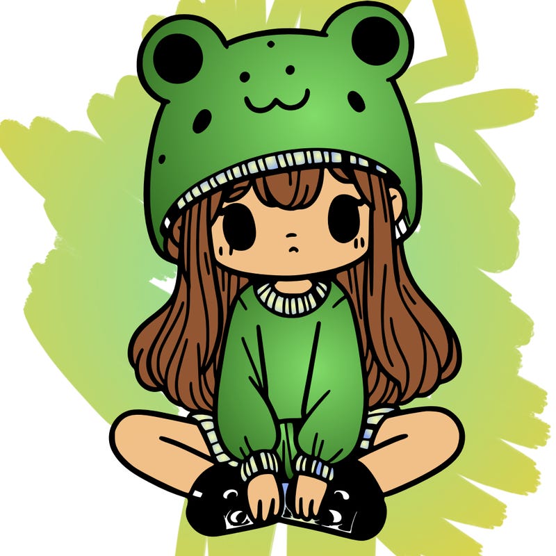 a girl wearing a frog hat and some frog socks