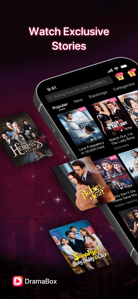 DramaBox - Stream Drama Shorts - DramaBoxアプリのインターフェースと、様々なショートドラマのサムネイル、そして「独占ストーリーを見る」と表示されたスマートフォンの画面。