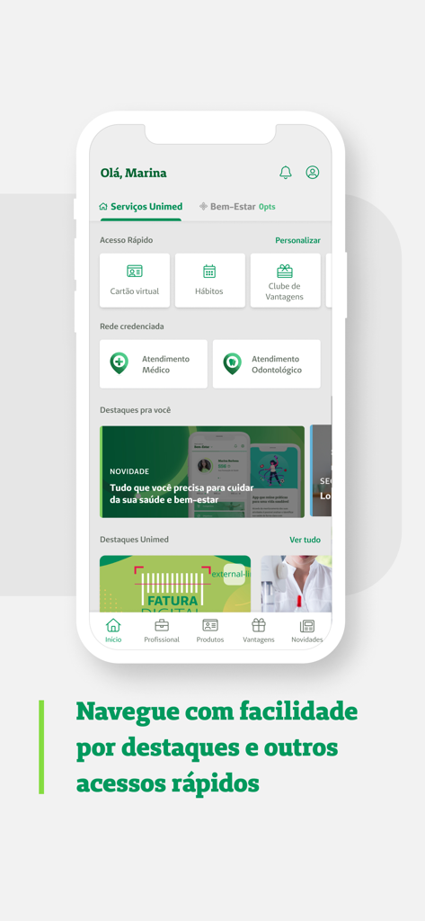 Unimed Goiânia - Unimed Goiania app interface showing health services and digital card features