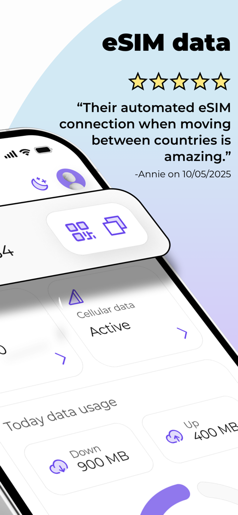 SLYNUMBER app screen displaying eSIM cellular data usage and a five star user review for international connectivity.