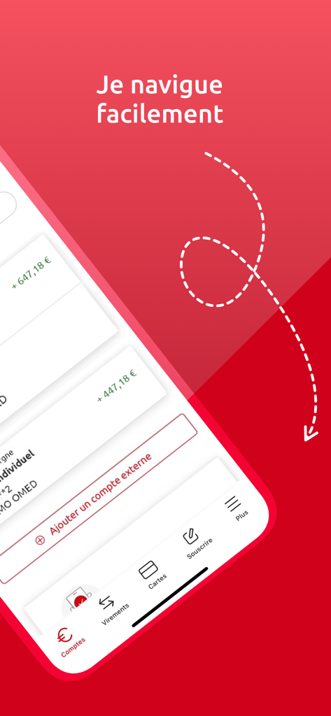 Banxo - Caisse d'Epargne - Interfaz de la aplicación bancaria móvil Banxo Caisse d'Epargne mostrando opciones de cuenta y menú de navegación sobre un fondo rojo.
