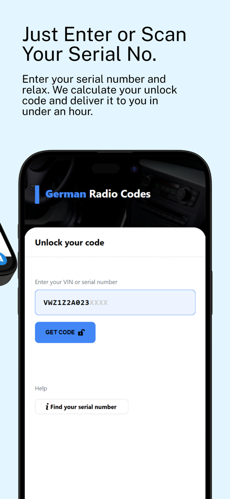 Radio Codes - German Cars - Mobile app interface for entering a Volkswagen or Audi radio serial number to get an unlock code