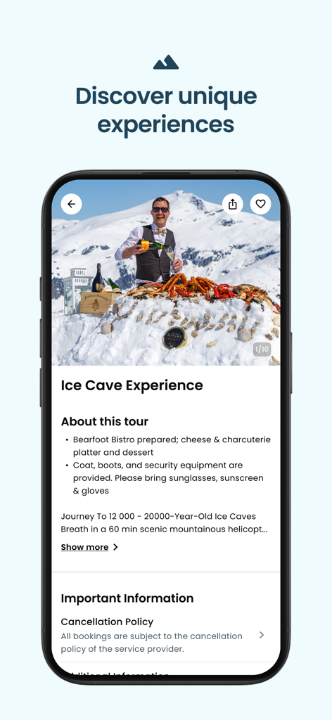 Airble-App-Bildschirm, der eine luxuriöse Eis-Höhlen-Hubschraubertour mit Gourmet-Essen und Champagner zeigt