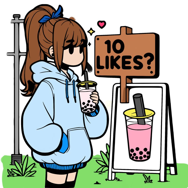 girl with oversized hoodie drinking boba and she has a high ponytail with a sign that says 10likes?