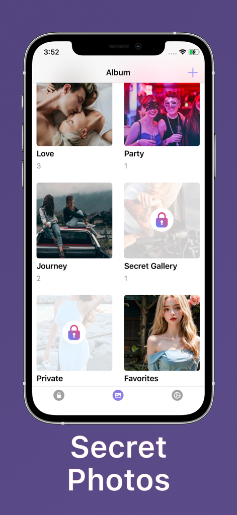 KCalc App Lock, App Locker - A smartphone screen showing the KCalc app photo vault with several albums including locked ones named Secret Gallery and Private