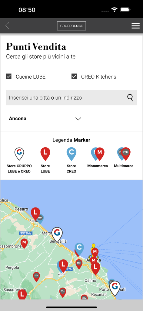 Gruppo LUBE - Gruppo Lube app store locator interface showing a map of kitchen showrooms in Italy
