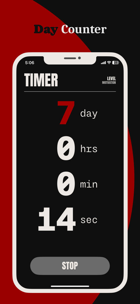 Wake Up: Quit Porn for 7 Days - Ein minimalistischer digitaler Timer in der Wake Up App, der einen Sieben-Tage-Streak-Fortschrittsanzeiger zeigt.