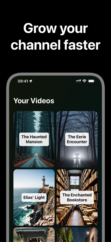 Faceless Video: AI Shorts - Mobile app screen showing a collection of AI generated video projects for faceless social media channels