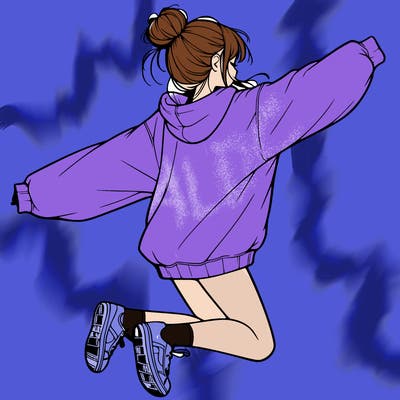 realistic girl jumping with a bun and oversized sweatshirt