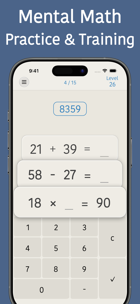 Mental Math Trainer Games - Mental math practice screen with arithmetic problems and a numeric keypad