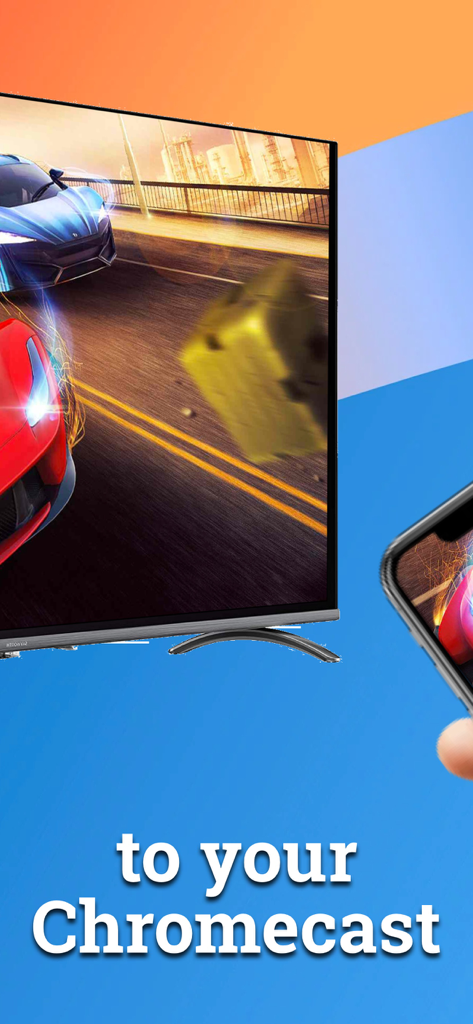 TV Cast for Smart TV - Un smartphone transmitiendo un vídeo de carreras de coches a la pantalla de un smart TV con el texto to your Chromecast.