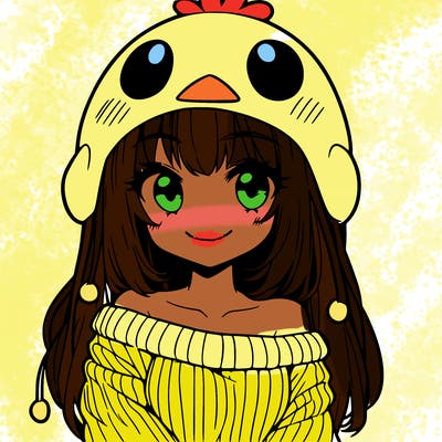anime girl with chick shaped hat with sweater with bare shoulders with bangs covering them one eye with low tail