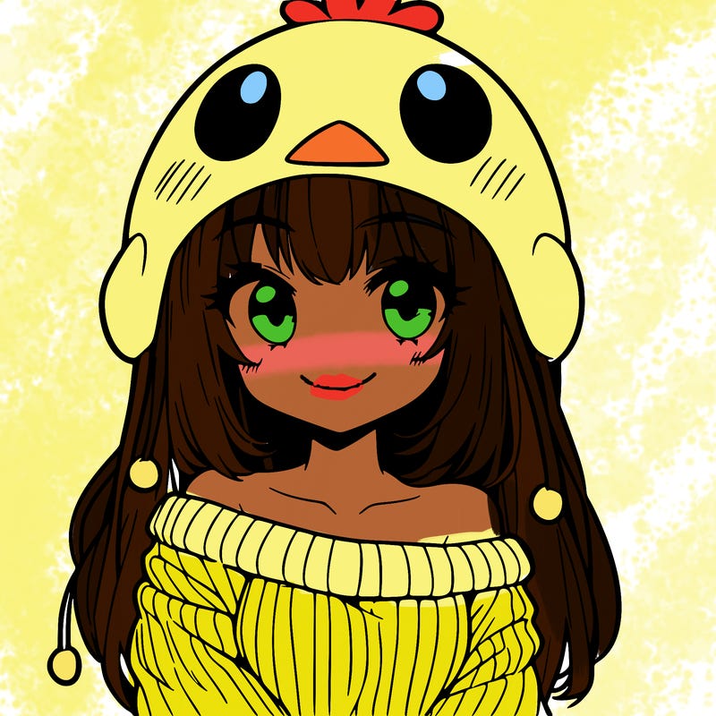 anime girl with chick shaped hat with sweater with bare shoulders with bangs covering them one eye with low tail
