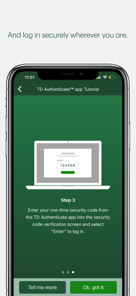 TD Authenticate - TD Authenticate app tutorial screen showing step three for entering a one-time security code to log in securely