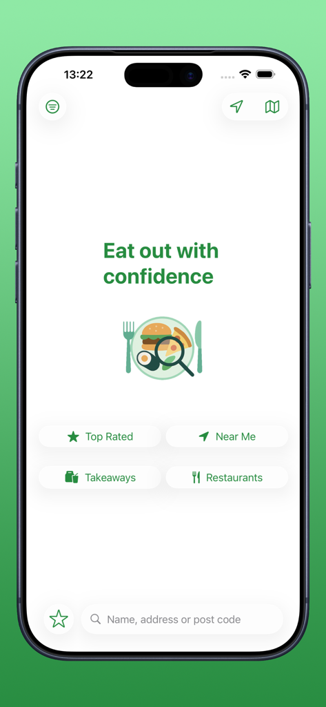 UK Food Hygiene Ratings - Home screen of the UK Food Hygiene Ratings app showing search options and restaurant categories