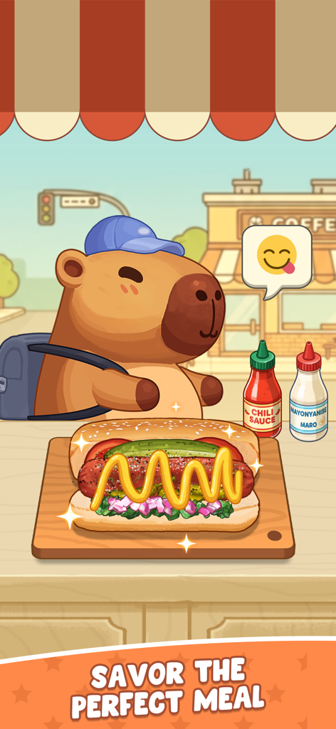 Ein süßes Capybara in einem blauen Hut serviert einen perfekt garnierten Hotdog in einer gemütlichen Spielumgebung.