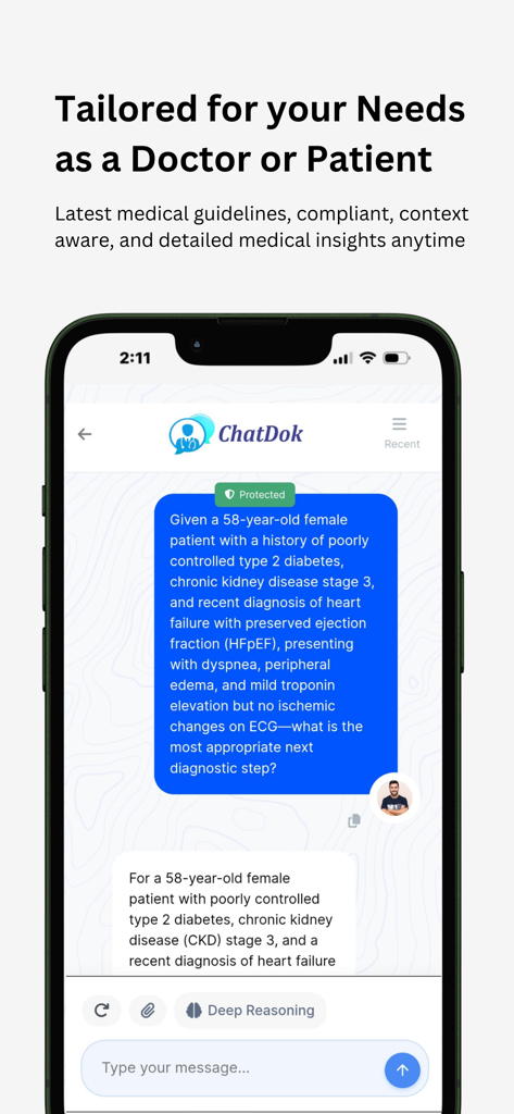 Chatdok - Smartphone screen showing ChatDok AI medical chatbot interface with a clinical reasoning example for healthcare professionals and patients.
