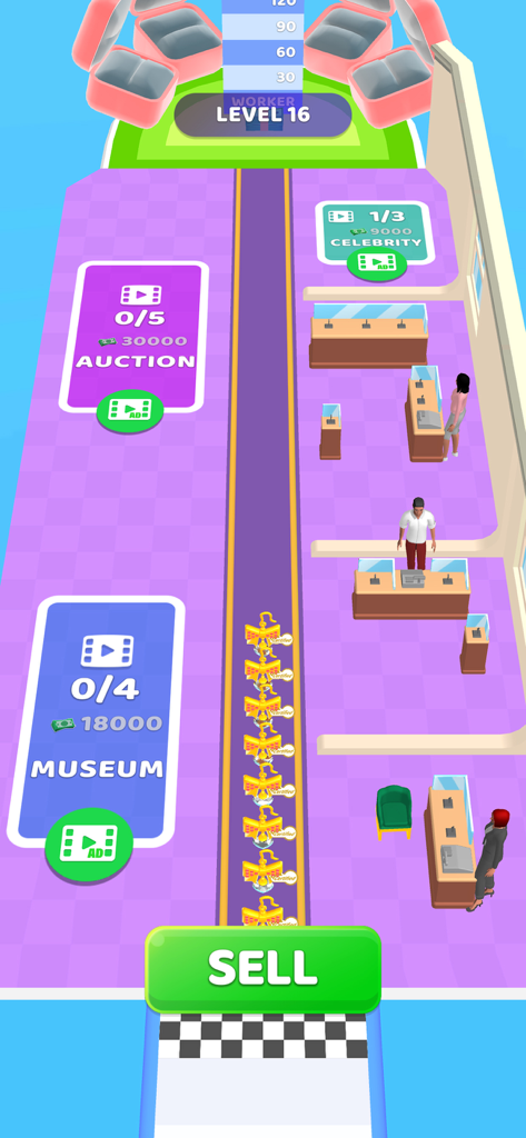 Gem Stack - Gameplay screenshot of Gem Stack showing a stack of golden jewelry at the finish line with a sell button