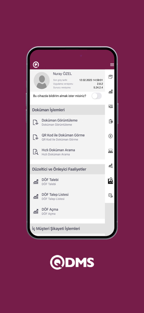 QDMS v2 - Bimser Çözüm - Smartphone, das das QDMS v2 Dashboard mit Menüs für Qualitätsmanagement und Dokumentenoperationen anzeigt