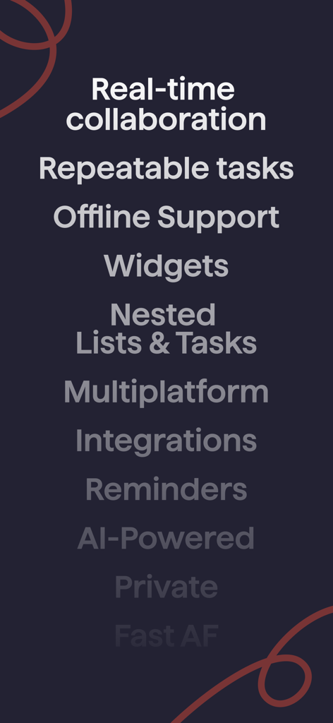 Superlist: To-Do List & Tasks - A list of Superlist features including real-time collaboration, repeatable tasks, widgets, and AI-powered organization on a dark background.