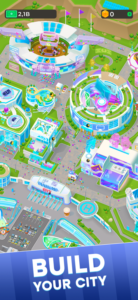 Diamond City: Idle Tycoon - Draufsicht auf eine lebendige futuristische Stadt mit stilisierten 3D-Gebäuden und Parkplätzen in Diamond City Idle Tycoon