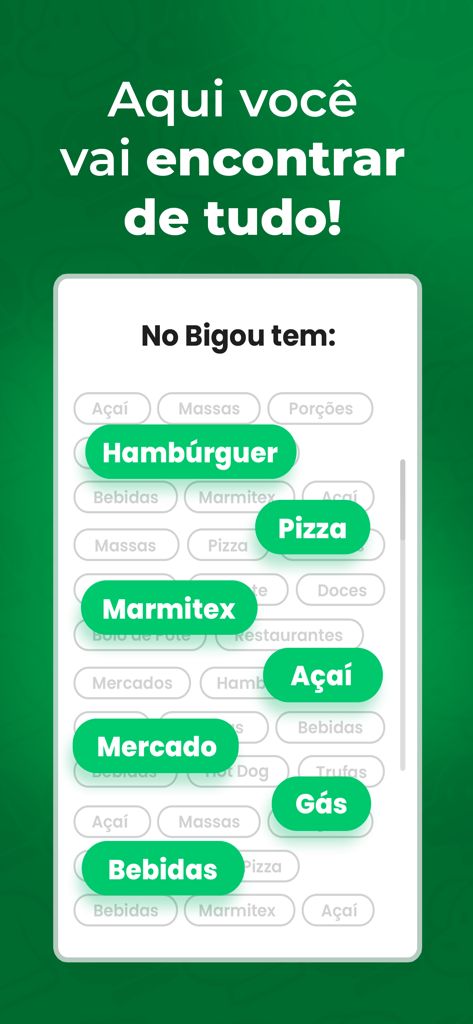 Bigou Delivery - Tela do aplicativo Bigou Delivery mostrando várias categorias como itens de mercado de alimentos e entrega de gás