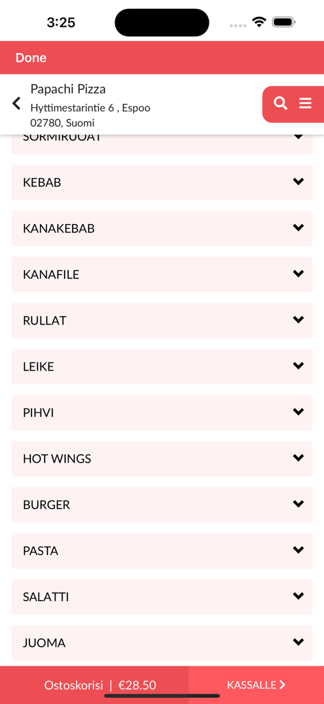 Papachi Pizzeria - Papachi Pizzeria mobile app menu interface displaying food categories like kebab burger and pasta with a shopping cart total