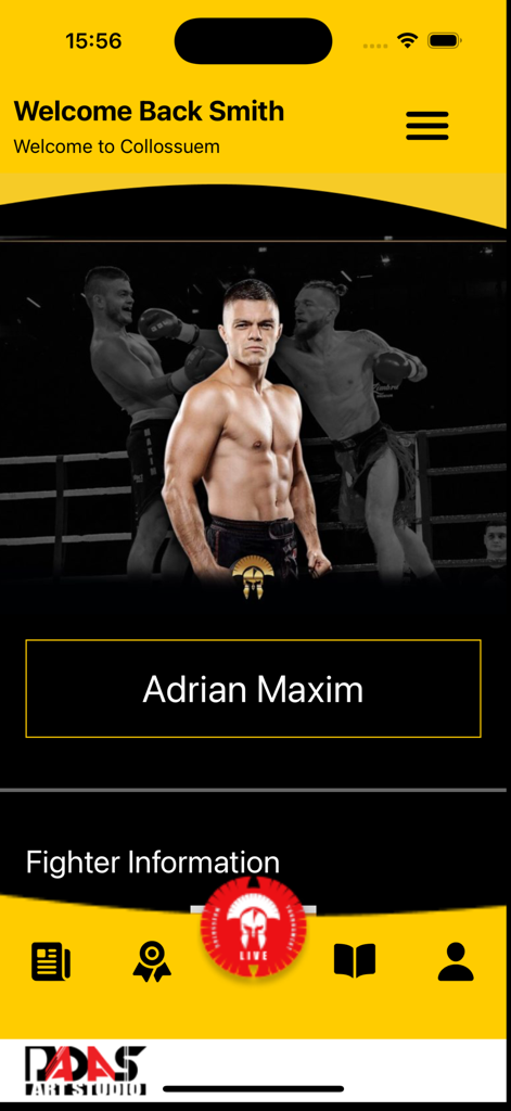 Fighter profile page of Adrian Maxim in the Colosseum Kickboxing Live app showing fighter information and navigation menu