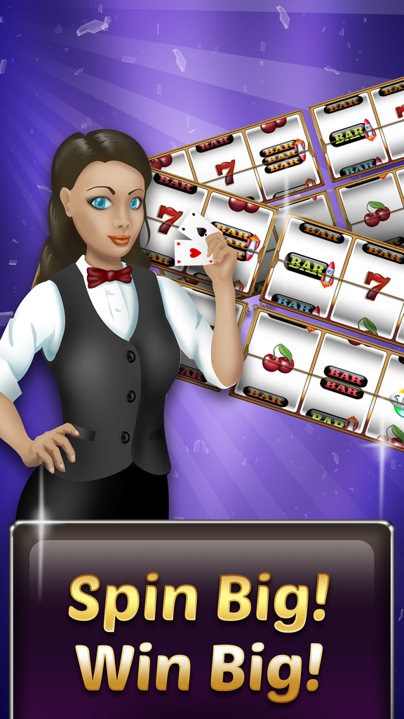 Slots▴ - Repartidora de casino femenina con múltiples pantallas de tragaperras y el texto Gira a lo grande, Gana a lo grande