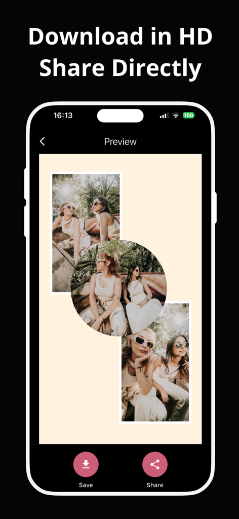 Collage Maker CollagePhotoApp - Una vista previa de un elegante collage de fotos en una aplicación móvil con botones para guardar en HD o compartir directamente.