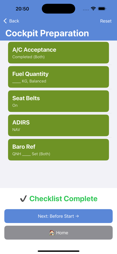 A320 Checklist - A completed A320 cockpit preparation checklist screen with all items marked in green
